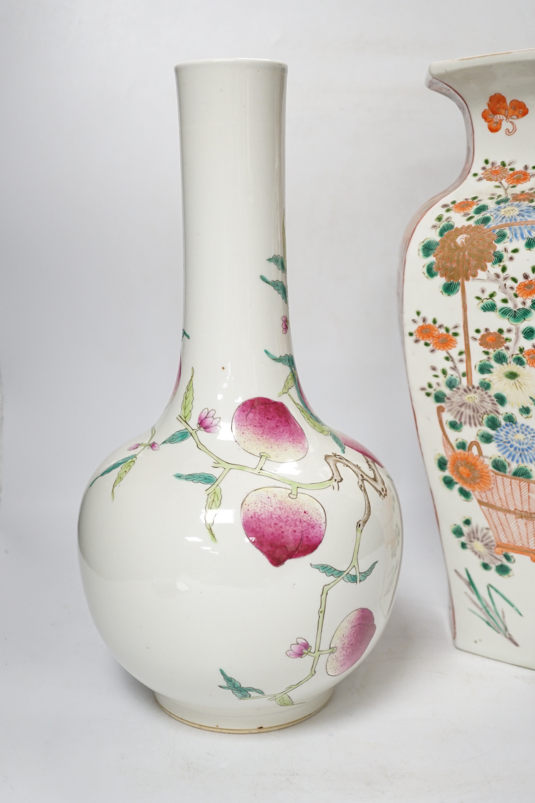 A Chinese peach-decorated vase and a Chinese hexagonal vase, latter 36cm